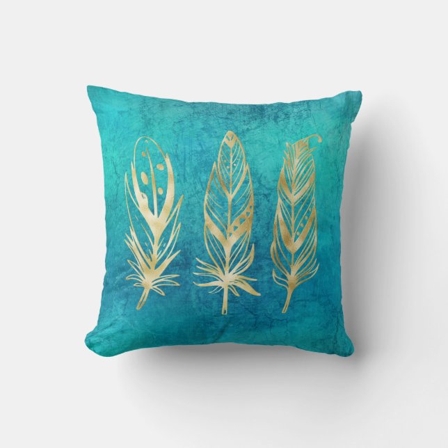 Cojín Decorativo plumas azul turquesa y oro (Anverso)