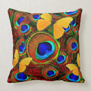 Cojín Decorativo Plumas azules del pavo real de las mariposas de