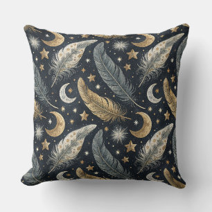 Cojín Decorativo Plumas Mágicas Celestiales Patrón de Luna y Estrel