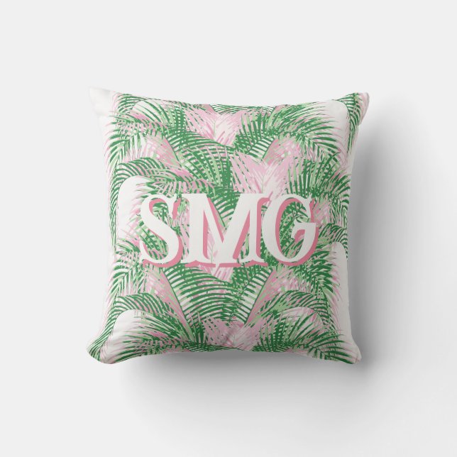 Cojín Decorativo Plume Palm Fronds in Pink + Green Personalized (Anverso)
