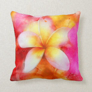 Cojín Decorativo Plumeria hawaiana en neón rosa, amarillo y blanco