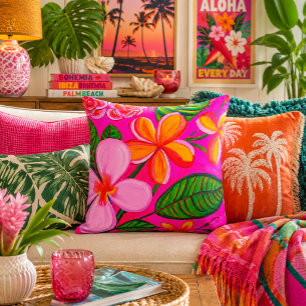 Cojín Decorativo Plumeria Tropical Vibrante Pop Rosa Brillante