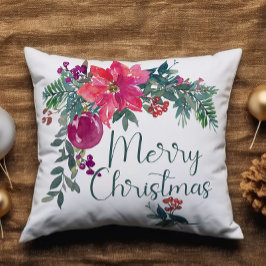 Cojín Decorativo Poinsettia Acuarela Agregar Nombre Feliz Navidad