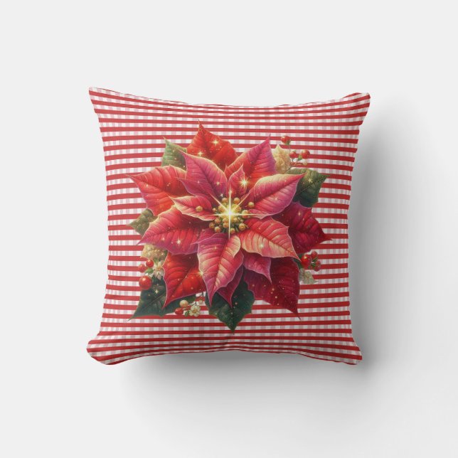 Cojín Decorativo Poinsettia and Red Stripe Christmas Holiday (Anverso)