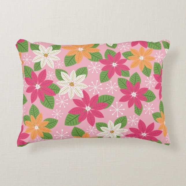 Cojín Decorativo Poinsettia de estilo retro y copos de nieve - rosa (Anverso)