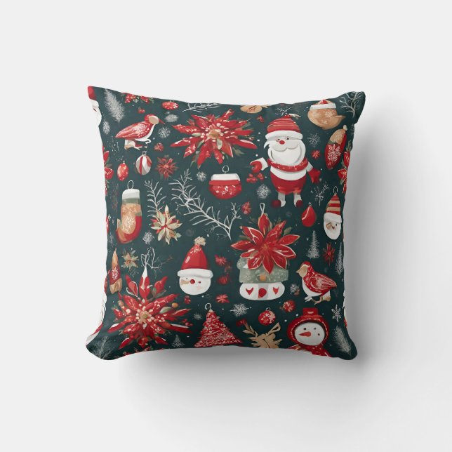 Cojín Decorativo Poinsettia roja, Santa Claus, pájaro, bauble, homb (Anverso)