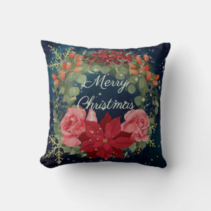 Cojín Decorativo Poinsettia y rosas de la floral acuarela