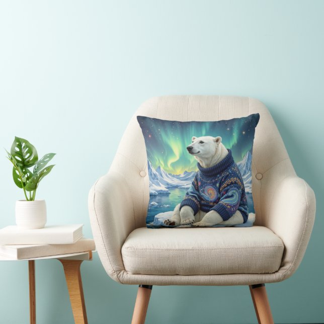 Cojín Decorativo Polar Bear Sitting Under Northern Lights (Silla)