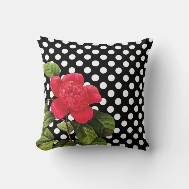 Cojín Decorativo Polka Blanco Girona Black Dots Red Camellia Flower (Anverso)