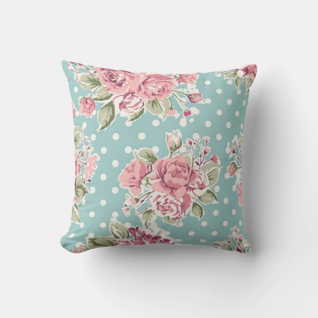Cojín Decorativo Polka puntos florales shabby chic azul elegante (Anverso)