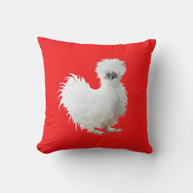Cojín Decorativo Pollo Silkie sobre Rojo (Anverso)