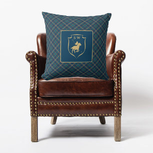 Cojín Decorativo Polo Ecuestre de Cuadros Escoceses Clásico con Mon