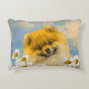 Cojín Decorativo Pomerania en pintura de Daisies - Arte de perro or