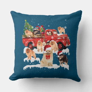 Cojín Decorativo Pomerania montando Camión Rojo Navidad Feliz Navid
