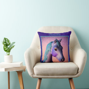 Cojín Decorativo Poni mágico en púrpura y azul turquesa con nombre 