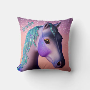 Cojín Decorativo Pony mágico en morado y Verde azulado con nombre p