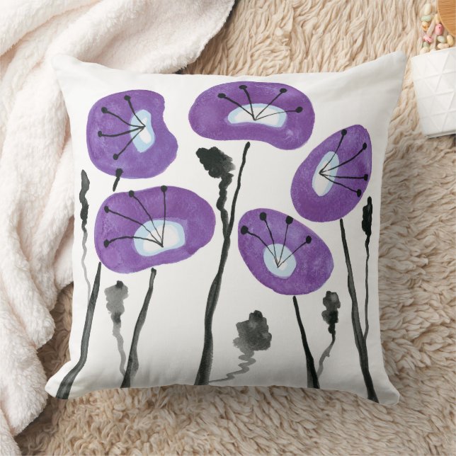 Cojín Decorativo Poppies morados Flores de acuarela moderna Boho (Manta)