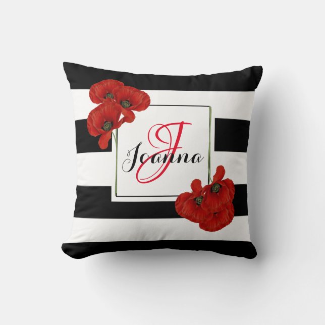 Cojín Decorativo Poppies rojos sobre fondo rayado negro y blanco (Anverso)