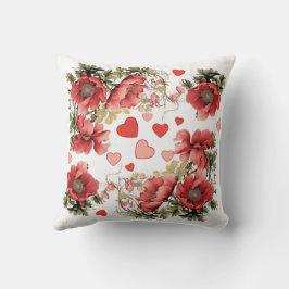 Cojín Decorativo Poppies y corazones rosados románticos