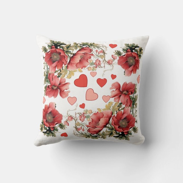 Cojín Decorativo Poppies y corazones rosados románticos (Reverso)