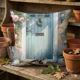 Cojín Decorativo Porche floral Cottagecore con gato calico