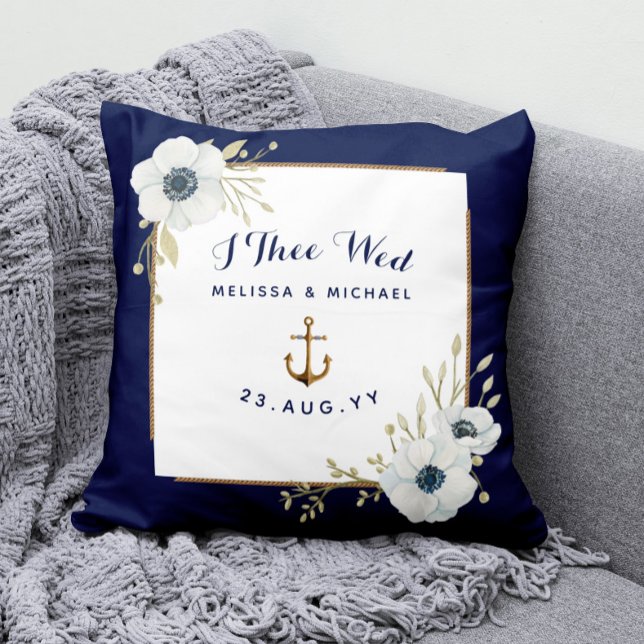 Cojín Decorativo Portador de Anémonas Blancas y Armada Náutica (Nautical Wedding Ring Bearer Keepsake Pillow with Watercolor White Anemone Flowers and Anchor)
