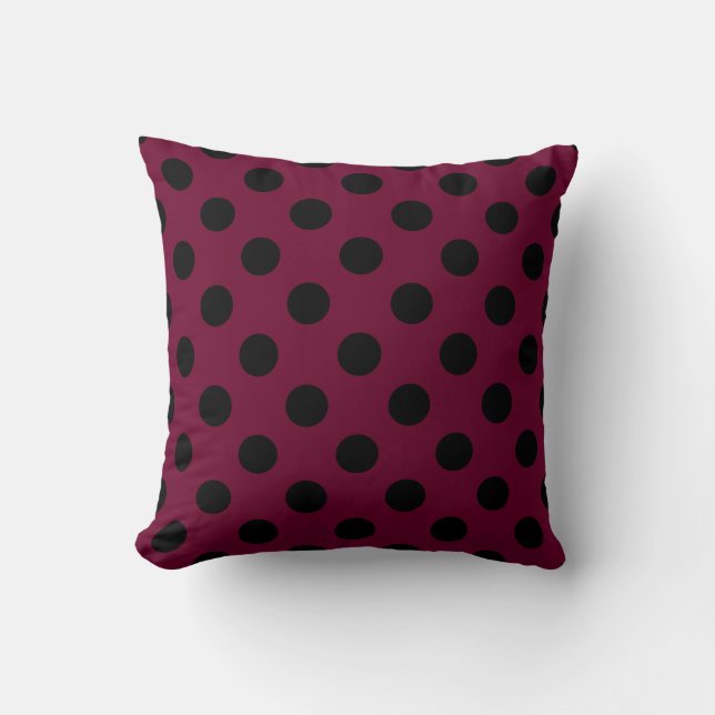 Cojín Decorativo Pos de polka negro en burdeos (Anverso)