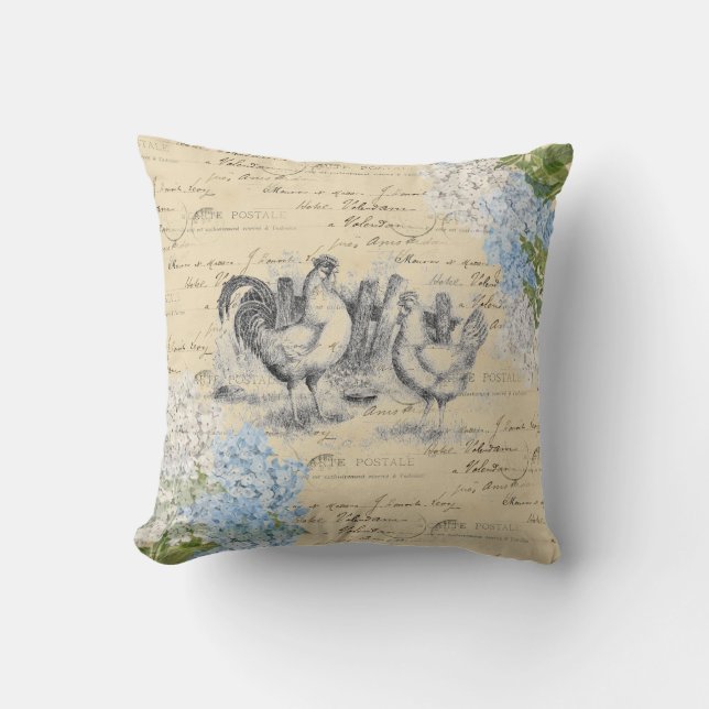 Cojín decorativo postal azul de pollos de época (Anverso)