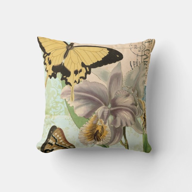 Cojín Decorativo Postales antiguas con mariposas y flores (Anverso)