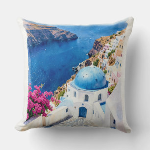 Cojín Decorativo Póster de Acuarela de la Cúpula Azul de Santorini