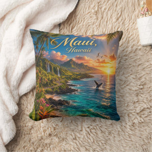 Cojín Decorativo Póster de viaje de la costa tropical de Maui Hawai