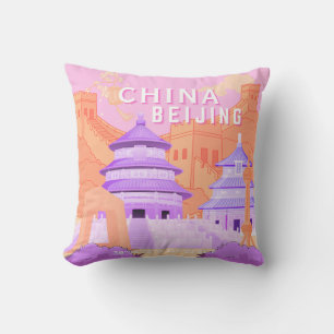 Cojín Decorativo Póster de viaje de Pekín China   Arte rosa y lavan
