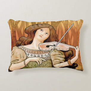 Cojín Decorativo Póster vintage de violín Art Nouveau   Música eleg