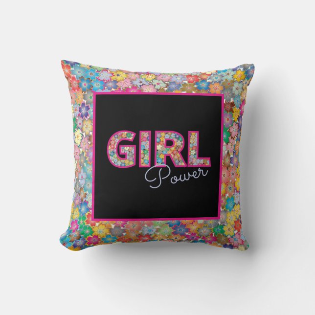 Cojín Decorativo Potencia chica | Mujer de Flor Silvestre Rosa (Anverso)