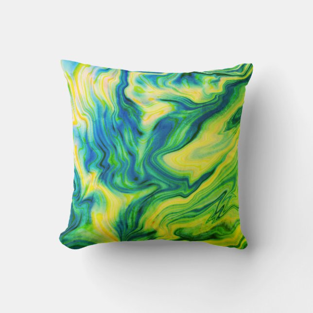 Cojín Decorativo Pour acrílica, azul, verde, amarillo / (Anverso)