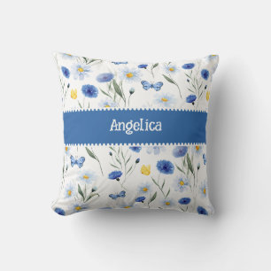 Cojín Decorativo Pradera de flores silvestres en acuarela azul Nomb