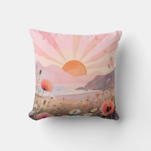 Cojín Decorativo Pradera de flores silvestres puesta de sol pastel