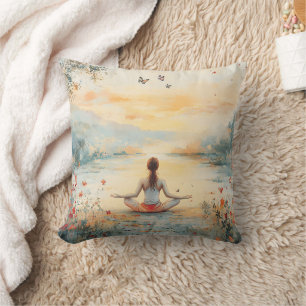 Cojín Decorativo Prado de la puesta de sol meditación con mariposas