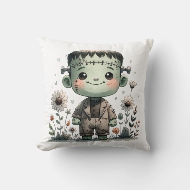 Cojín Decorativo Precioso bebé Frankenstein con flores silvestres | (Anverso)