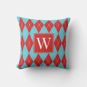 Cojín Decorativo Preppy Argyle Cosedido a Mano – Rojo y Turquesa
