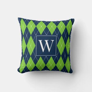 Cojín Decorativo Preppy Argyle Cosido a Mano – Azul Marino y Lima