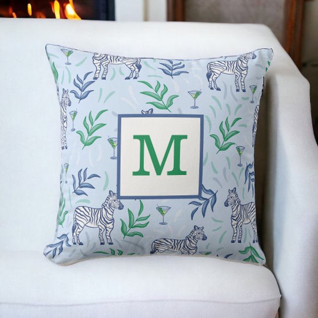 Cojín Decorativo Preppy Classic Zebras y Martinis Blue Monograma (Subido por el creador)