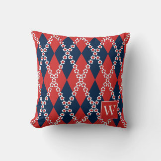 Cojín Decorativo Preppy Daisy Argyle – Monograma Rojo Blanco y Azul