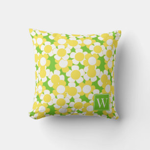 Cojín Decorativo Preppy Daisy Bloom – Monograma Amarillo y Lima