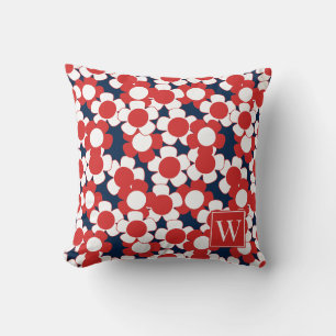Cojín Decorativo Preppy Daisy Bloom – Rojo Blanco y Monograma Azul
