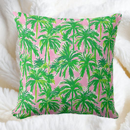 Cojín Decorativo Preppy Palma Verde Rosa | Costero Tropical