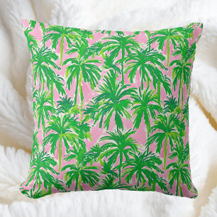 Cojín Decorativo Preppy Palma Verde Rosa   Costero Tropical