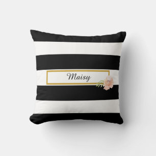 Cojín Decorativo Preppy Raya Negra y Blanca Floral Dorada