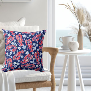 Cojín Decorativo Preppy Red Lobster Flor Blanca Navy