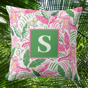 Cojín Decorativo Preppy Rosa Monograma de Cocodrilo / Hojas de Palm